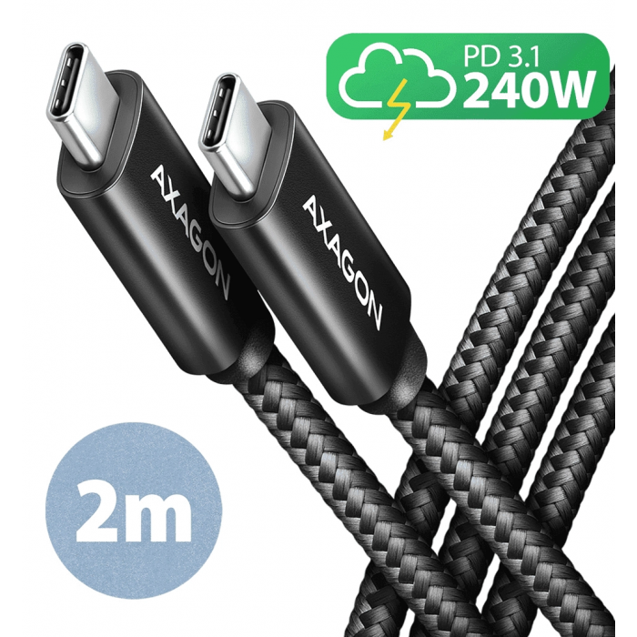 Кабель AXAGON BUCM2-CM20AB USB-C-USB-C 2.0, 2м, PD 240W 5A, Чорний