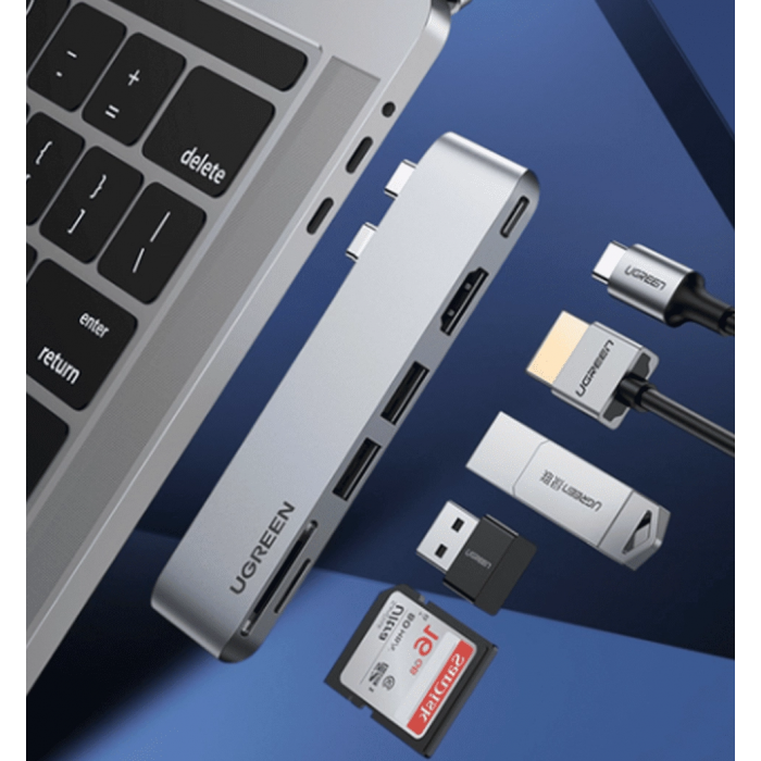 Хаб UGREEN CM380 Dual USB-C To HDMI+2xUSB 3.0 A+TF/SD+USB-C Female Converter Space Gray (80856)