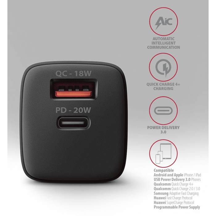 Мережевий зарядний пристрій AXAGON ACU-PQ20, QC3.0/AFC/FCP + PD type-C, 20W, Чорний