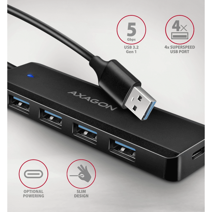 Хаб AXAGON HUE-C1A USB-A 5Гбіт/с TRAVEL hub, 20см Type-A, Чорний