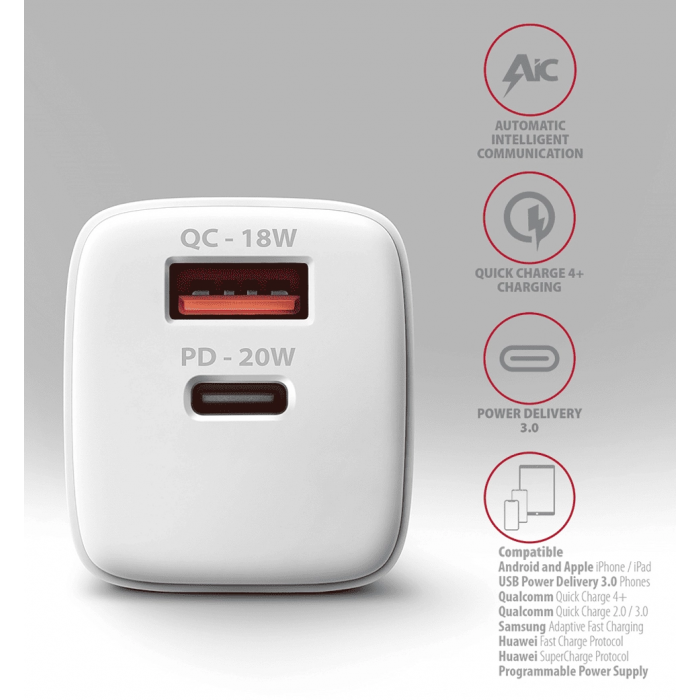 Мережевий зарядний пристрій AXAGON ACU-PQ20W, QC3.0/AFC/FCP + PD type-C, 20W, Білий