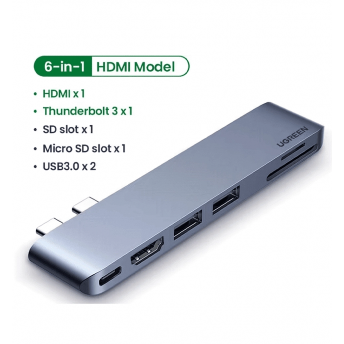 Хаб UGREEN CM380 Dual USB-C To HDMI+2xUSB 3.0 A+TF/SD+USB-C Female Converter Space Gray (80856)