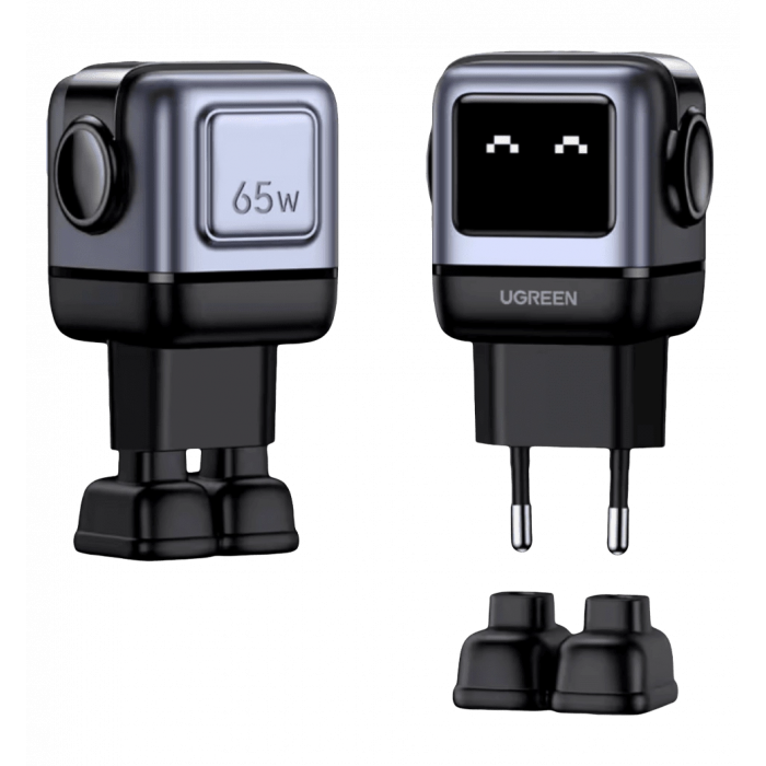 Адаптер  UGREEN CD361 USB+2xUSB-C 65W Robot GaN Tech Fast Charger Grey (25685B)