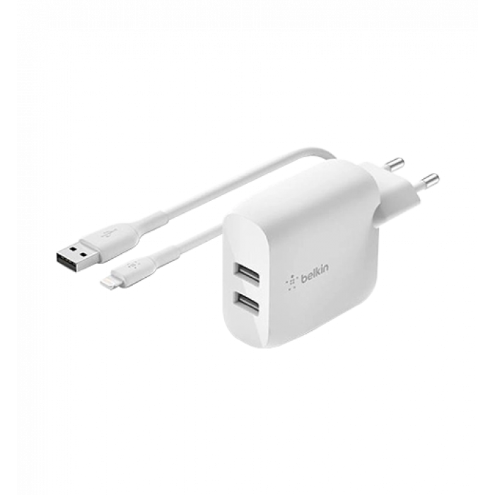Адаптер Belkin 24W DUAL USB 2.4A, Lightning 1m, white (WCD001vf1MWH)