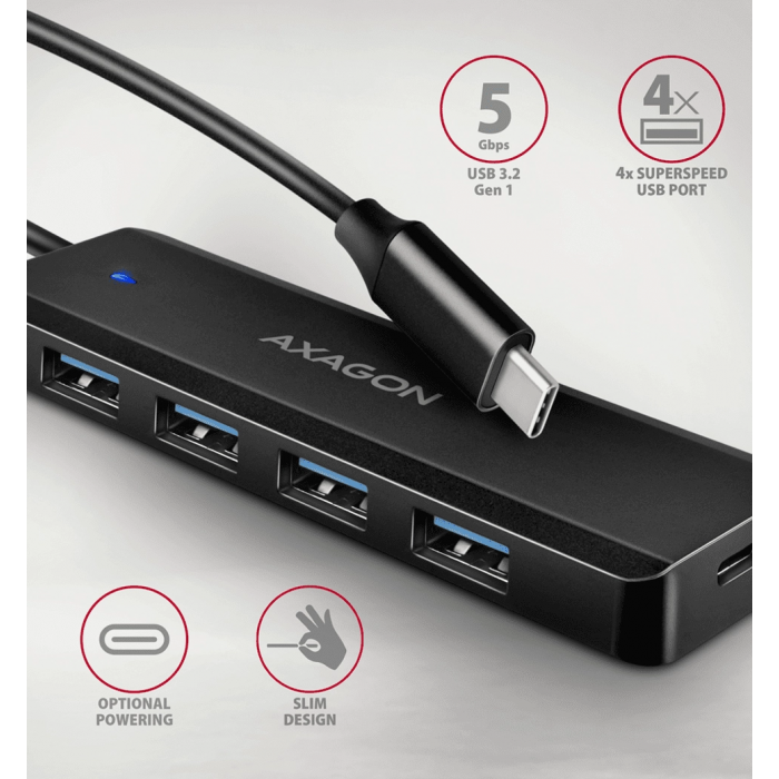 Хаб AXAGON HUE-C1C USB-C 5Гбіт/с TRAVEL hub, 20см Type-C, Чорний