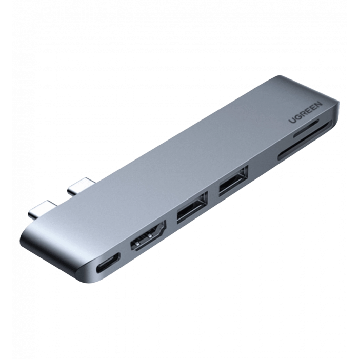 Хаб UGREEN CM380 Dual USB-C To HDMI+2xUSB 3.0 A+TF/SD+USB-C Female Converter Space Gray (80856)