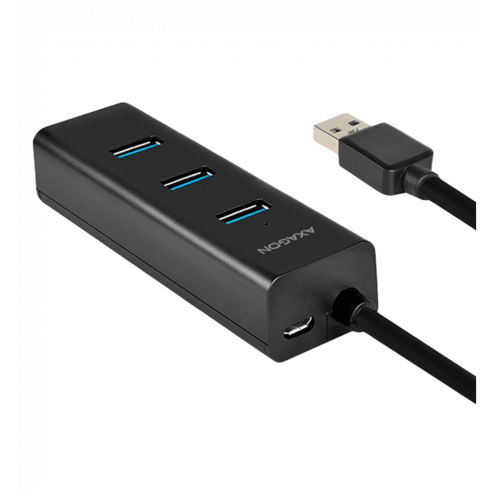 Хаб AXAGON HUE-S2BL USB3.0 CHARGING hub, 1.2м кабель, MicroUSB зарядка, Чорний