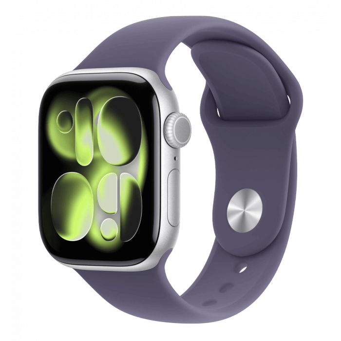 Apple Watch Series 11 GPS 42 мм серебристый алюминиевый корпус со спортивным ремешком фиолетового тумана — S/M (MEU64)