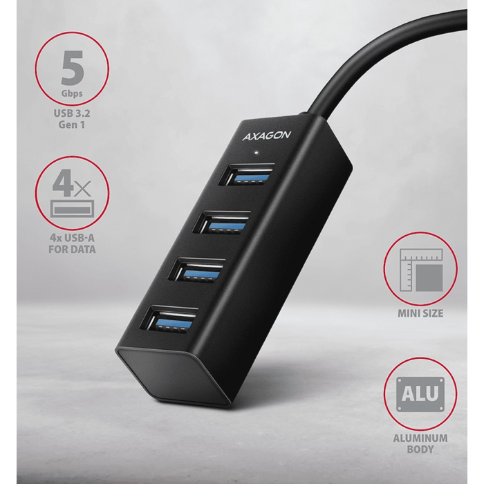 Хаб AXAGON HUE-M1A SuperSpeed USB-A MINI hub, USB-A кабель 20см, Чорний