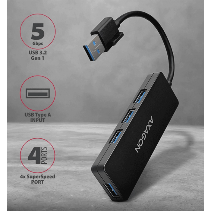 Хаб AXAGON HUE-G1A SuperSpeed USB SLIM hub, кабель 14см Type-A, Чорний